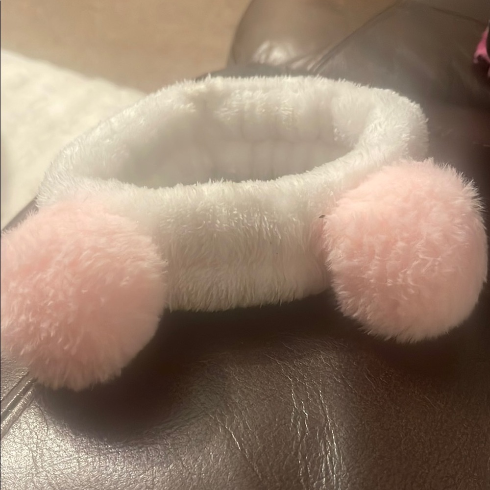 Fluffy White Headband with Pink Pom Poms